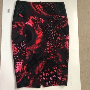 Bebe Red and Black Pencil Skirt with Leather Detailing